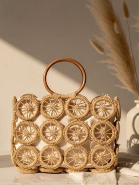 Natural Straw Raffia Cutout Tote Bag Wooden Ring Top Handle Beach Handbag Tan